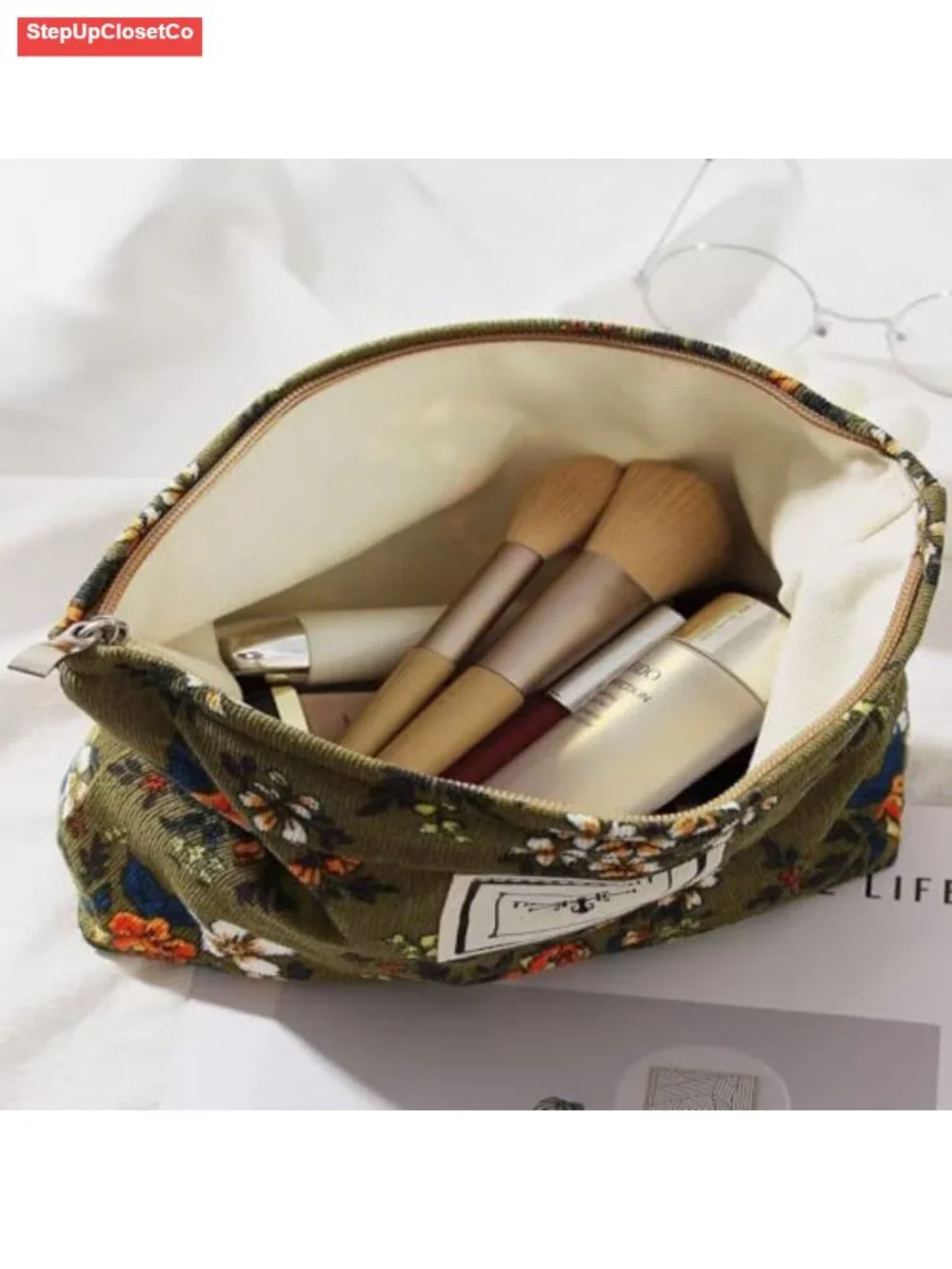 Floral Corduroy Canvas Cosmetic Bag, Large Travel Toiletry Organizer Pouch